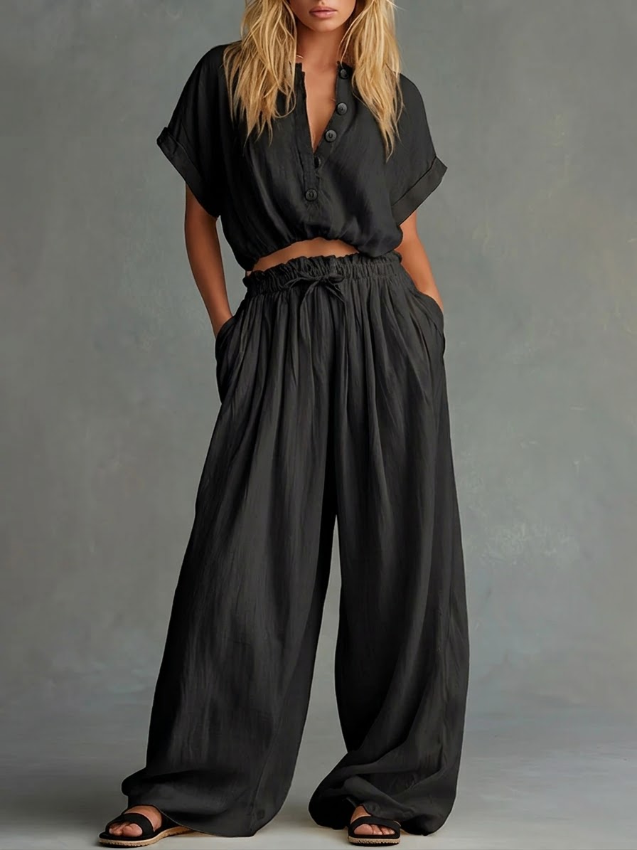 Casual Linen And Cotton Short-sleeved Top And Pants Two-piece Set