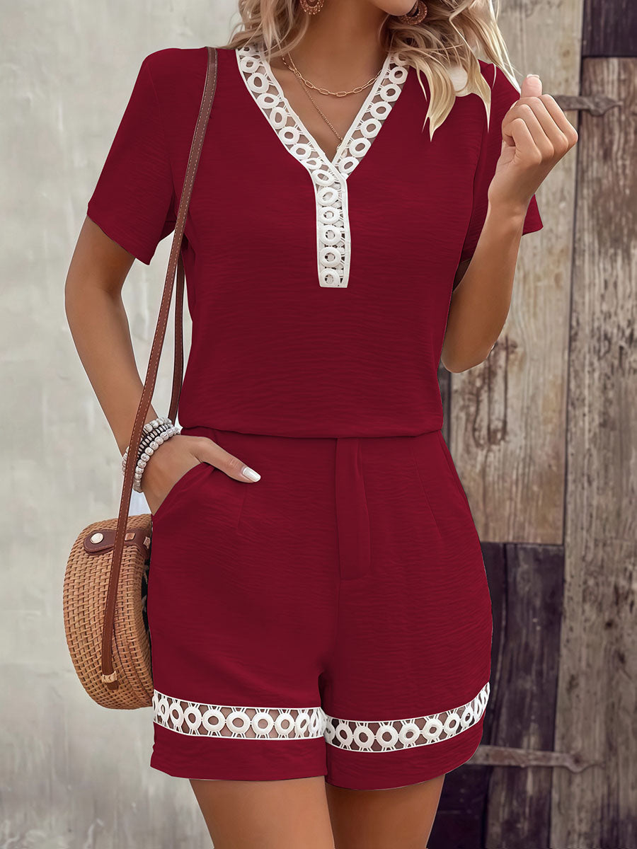 💝💝Women's V-neck Short-sleeve Loose-fit Top & High-waisted Wide-leg Shorts Set With Lace Splicing