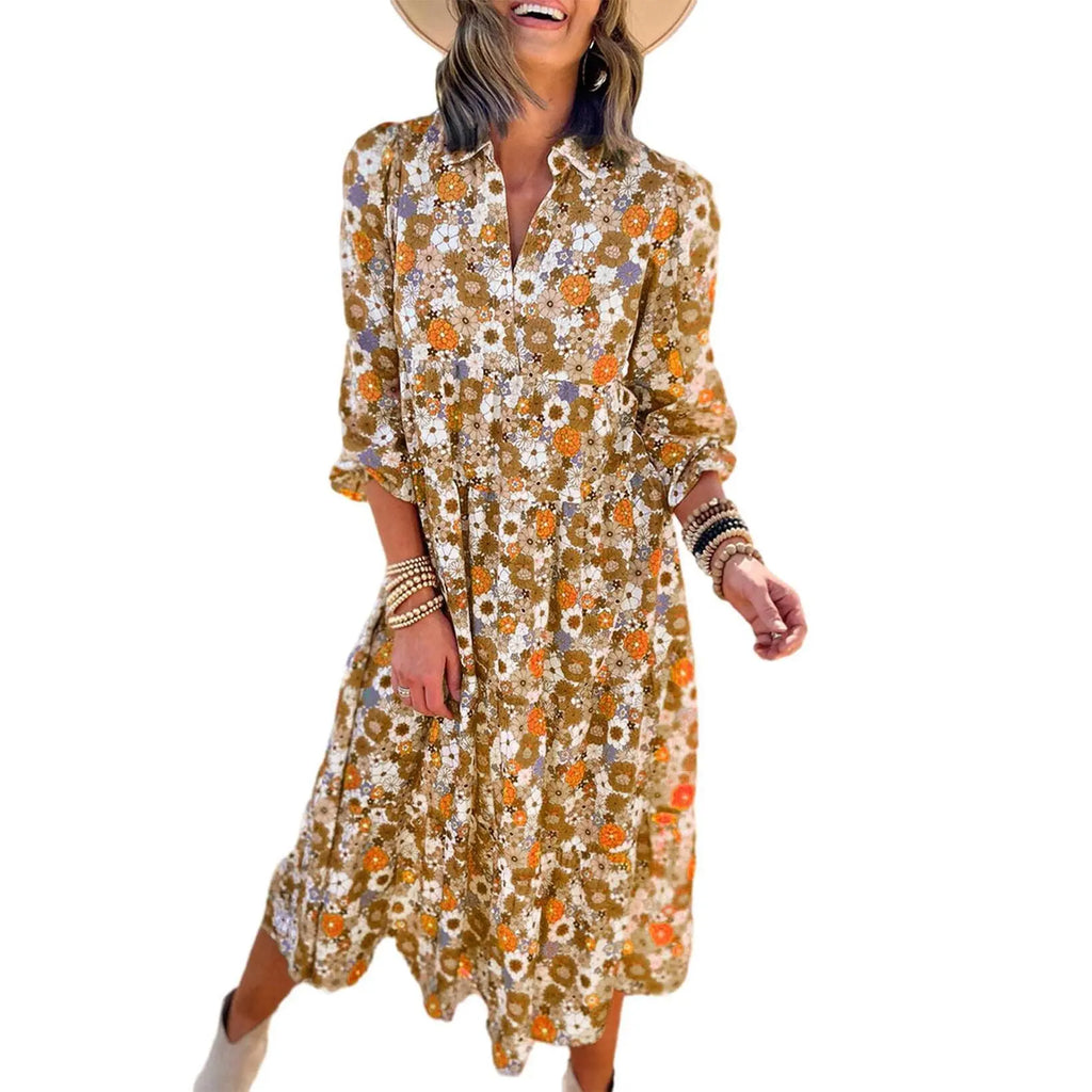 💝💝Dokotoo Women's Casual Bohemian Floral Dress 2026 V-Neck Long Puff Sleeve Midi Dress Soft Fabric Comfortable Summer Dress - Womenswear