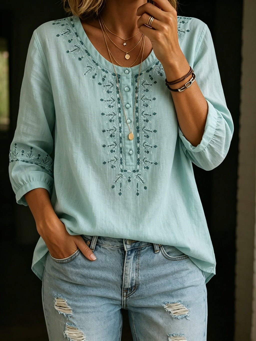 💝💝Embroidered, Artsy-retro Style, Pullover, 3/4-sleeve, Loose-fit Cotton-linen Shirt (lightweight)