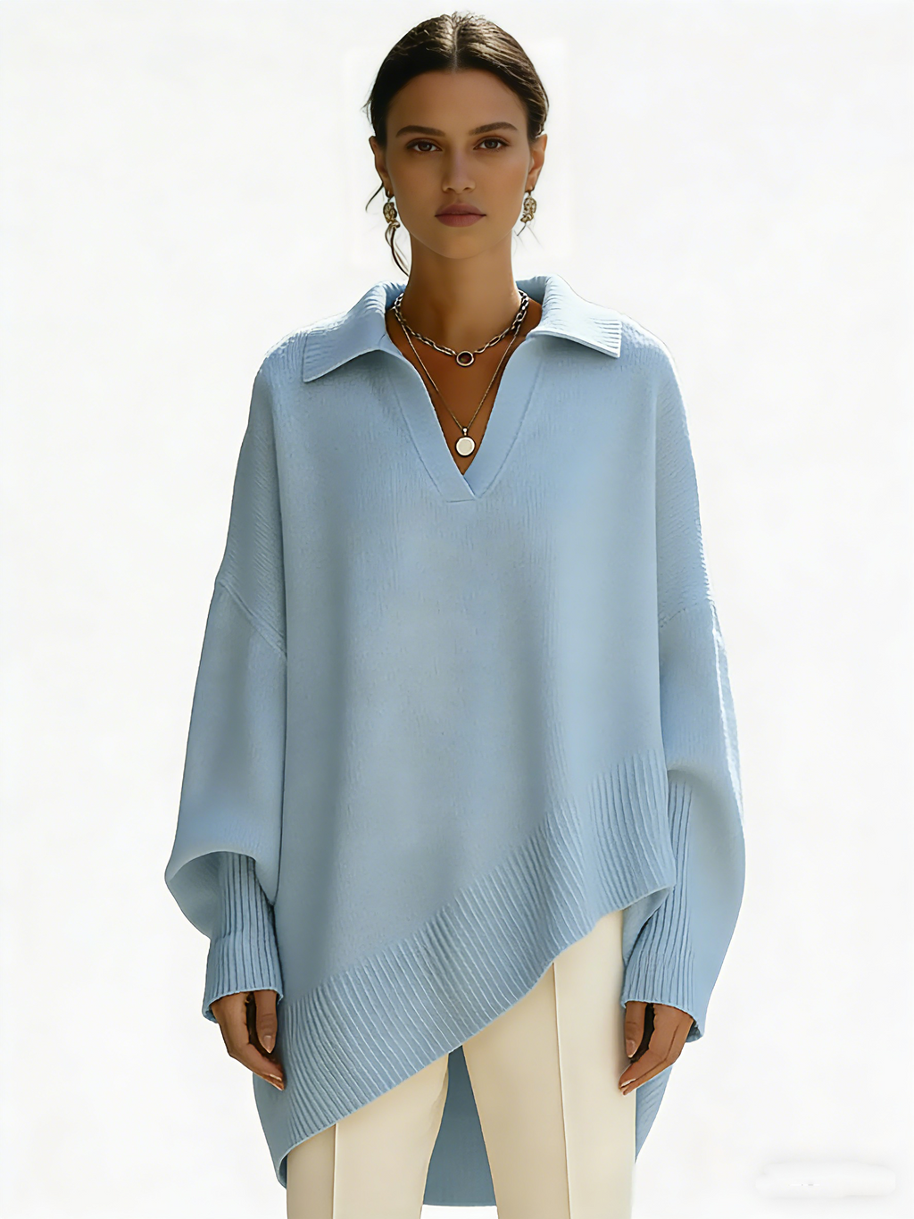 ✨✨Women's Solid Color V-neck Long-sleeved Casual Loose-fitting Knitted Pullover Sweater