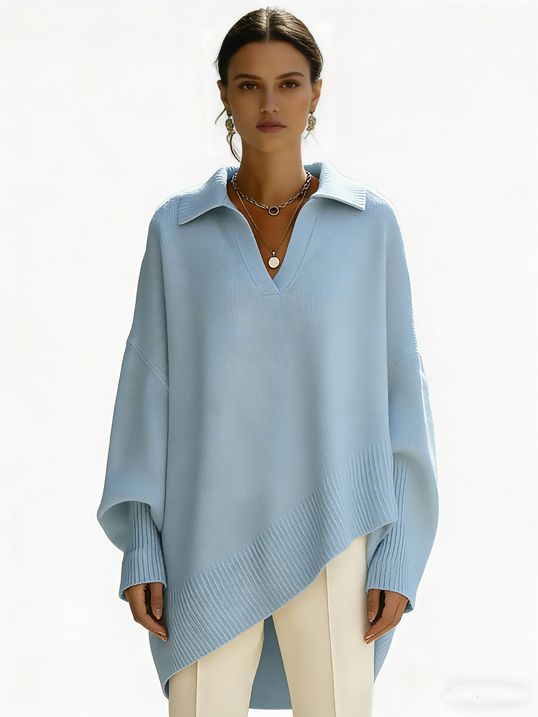 ✨✨Women's Solid Color V-neck Long-sleeved Casual Loose-fitting Knitted Pullover Sweater