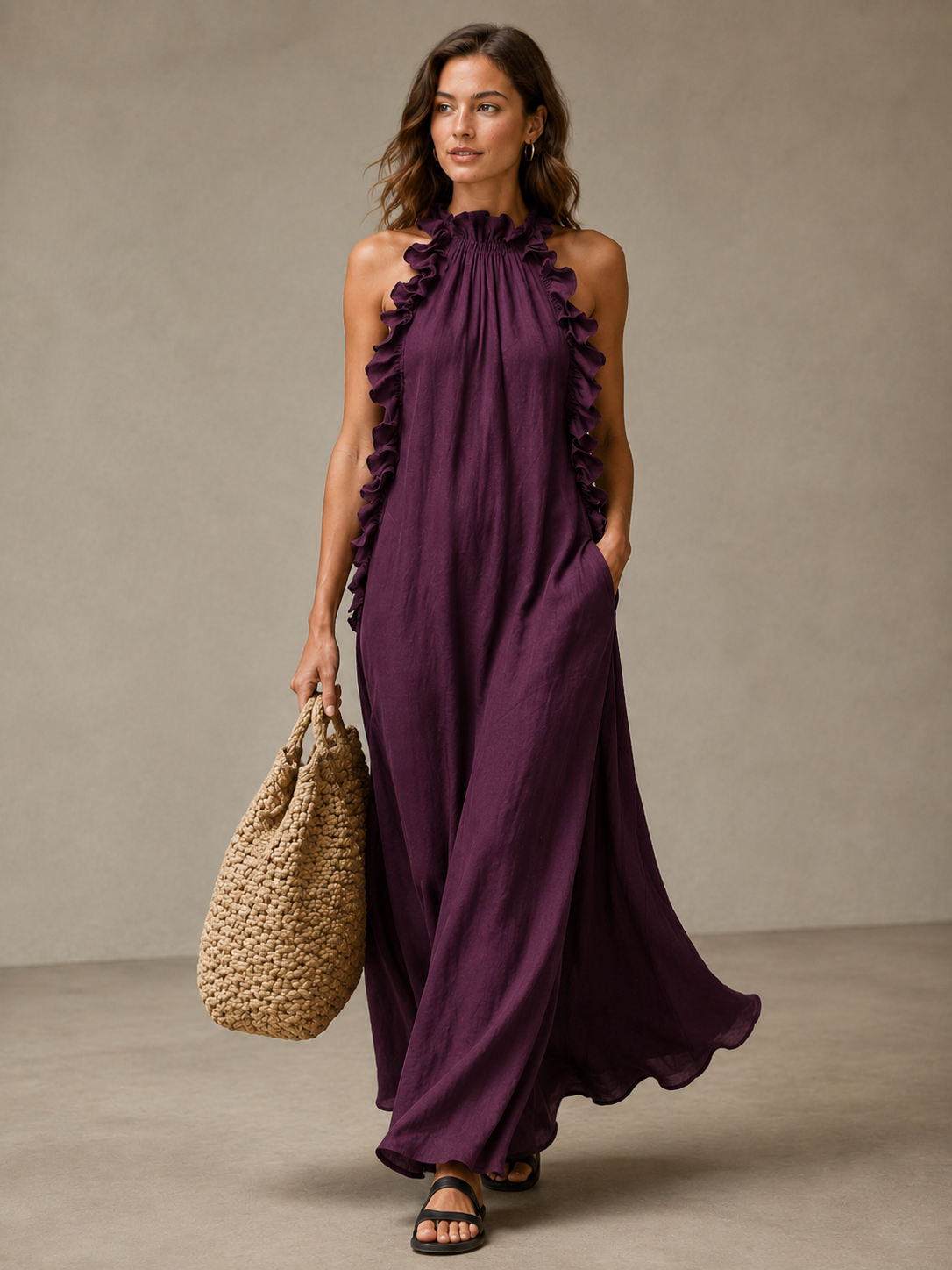 🌷🌷Breezy Halter Neck Ruffle Maxi Dress for Vacation & Summer Days