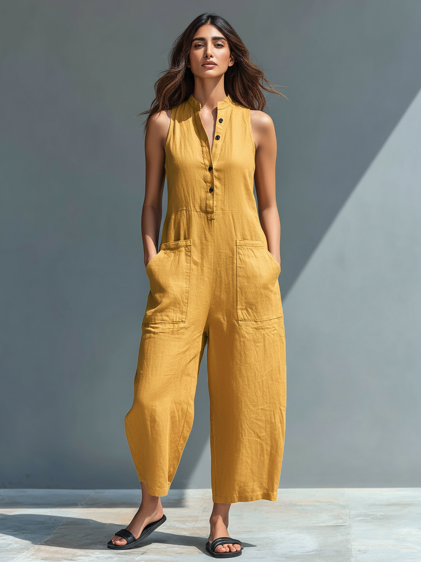 🔥 Women’s Minimalist Linen Blend Sleeveless Jumpsuit 👗✨ Button-Up Stand Collar Loose Fit 🌿