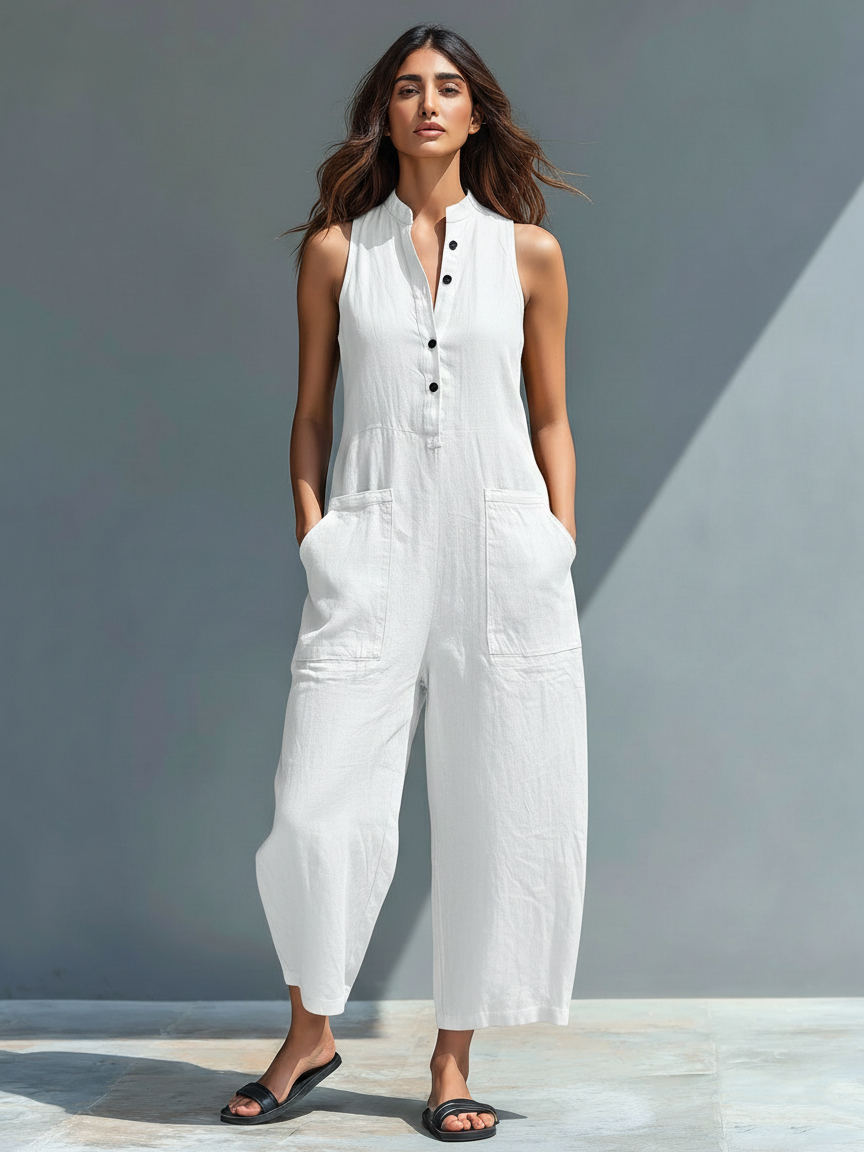 🔥 Women’s Minimalist Linen Blend Sleeveless Jumpsuit 👗✨ Button-Up Stand Collar Loose Fit 🌿