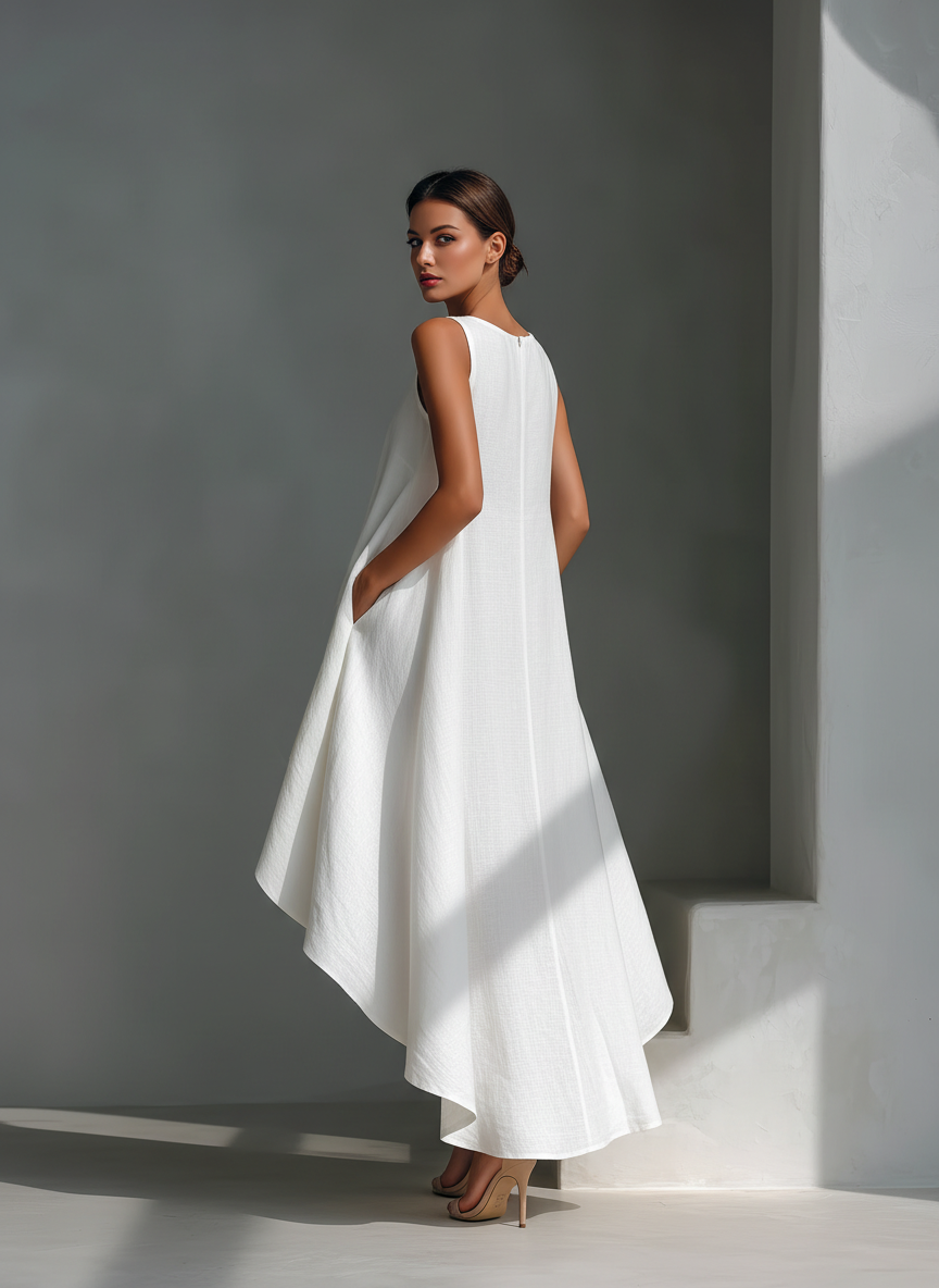 🔥 Women’s White Linen Sleeveless Midi Dress 👗✨ Asymmetric Hem Chic Style 🤍