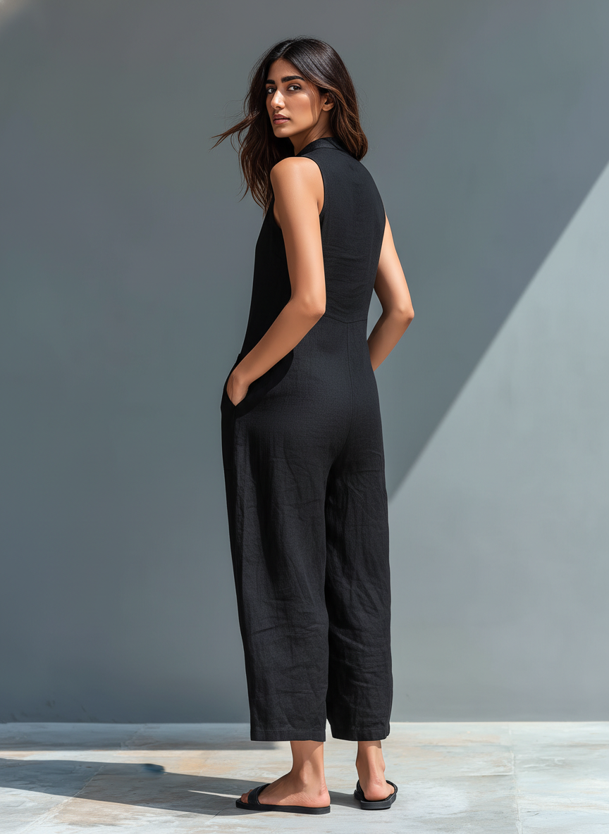 🔥 Women’s Minimalist Linen Blend Sleeveless Jumpsuit 👗✨ Button-Up Stand Collar Loose Fit 🌿