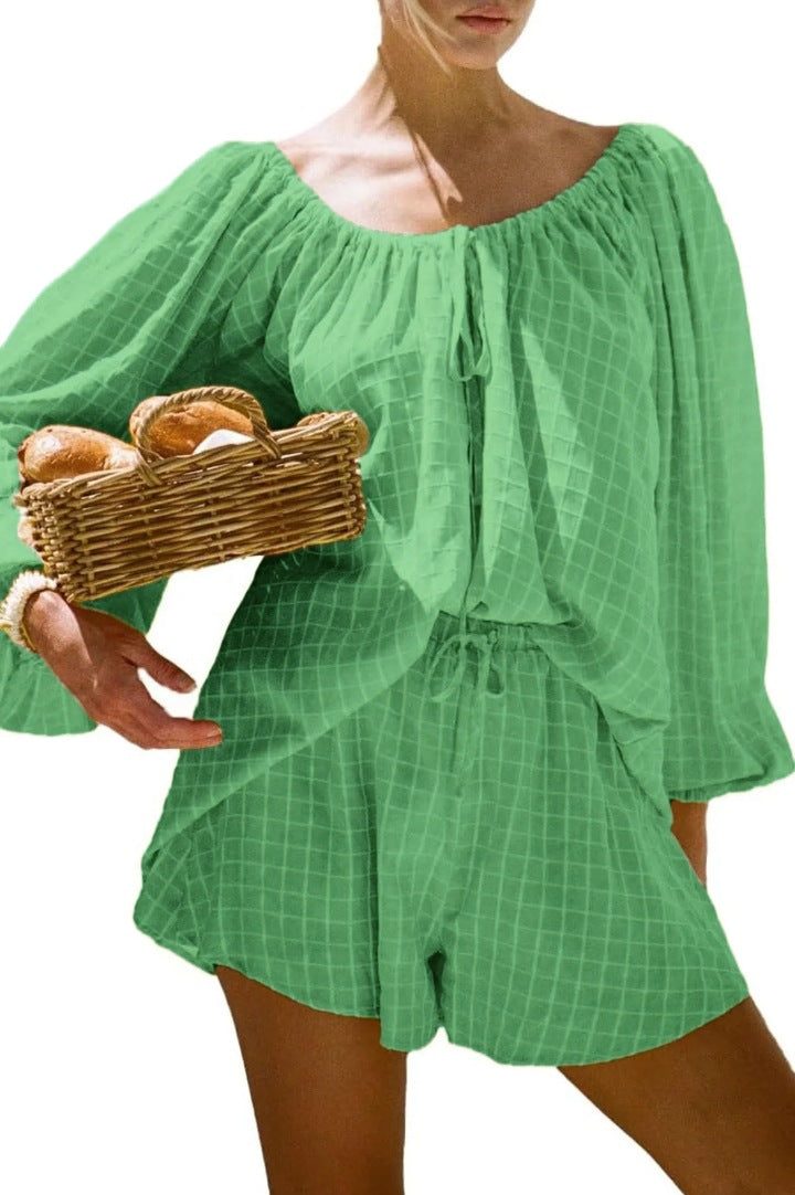 💝💝Women Plaid Outfit, Long Sleeve Tie-up Crew Neck T-shirt with Elastic Waist Shorts Summer Outfit
