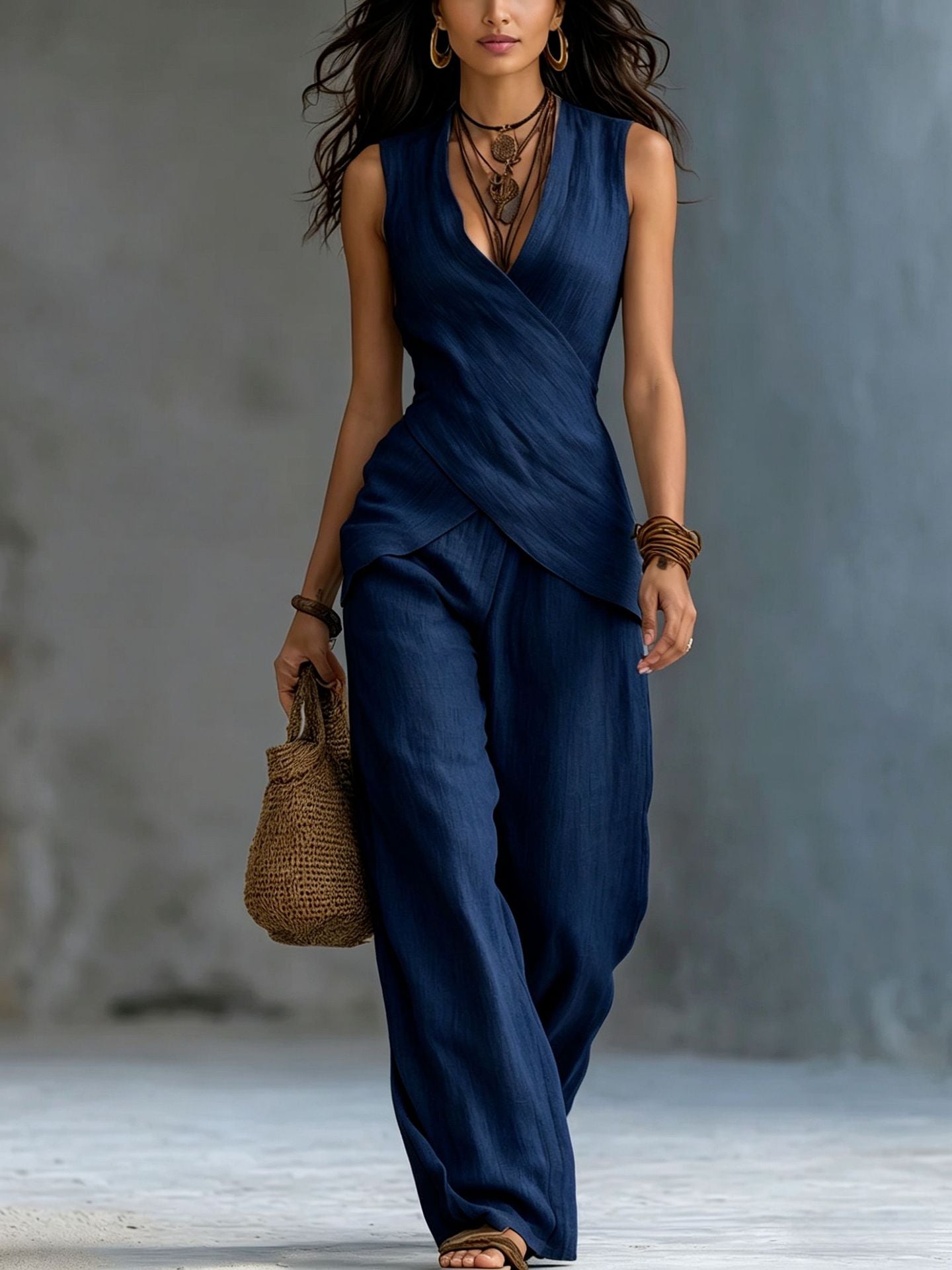 Women's Cross-design Top And Wide-leg Pants Cotton-linen Set
