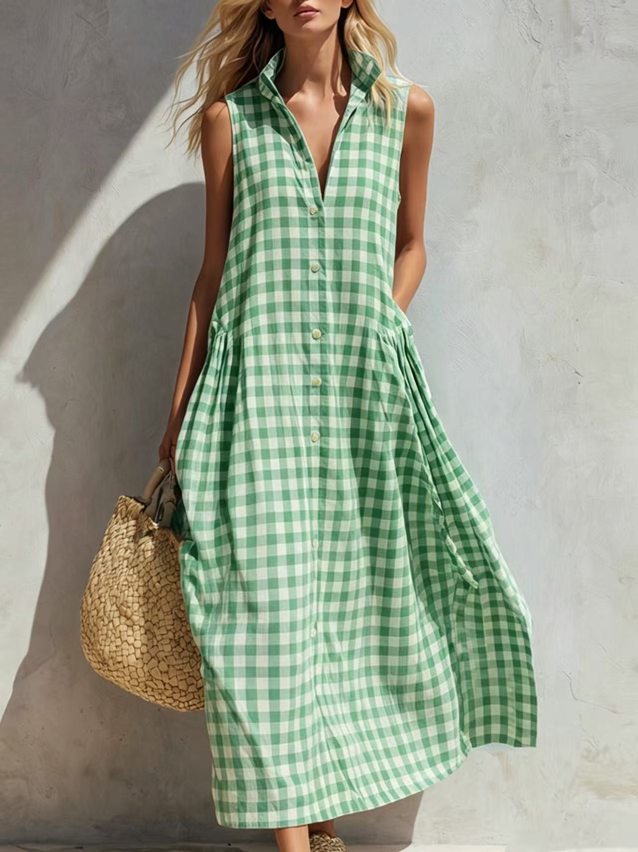 Women's Plaid-print V-neck Sleeveless Casual Loose Cotton-linen Dress