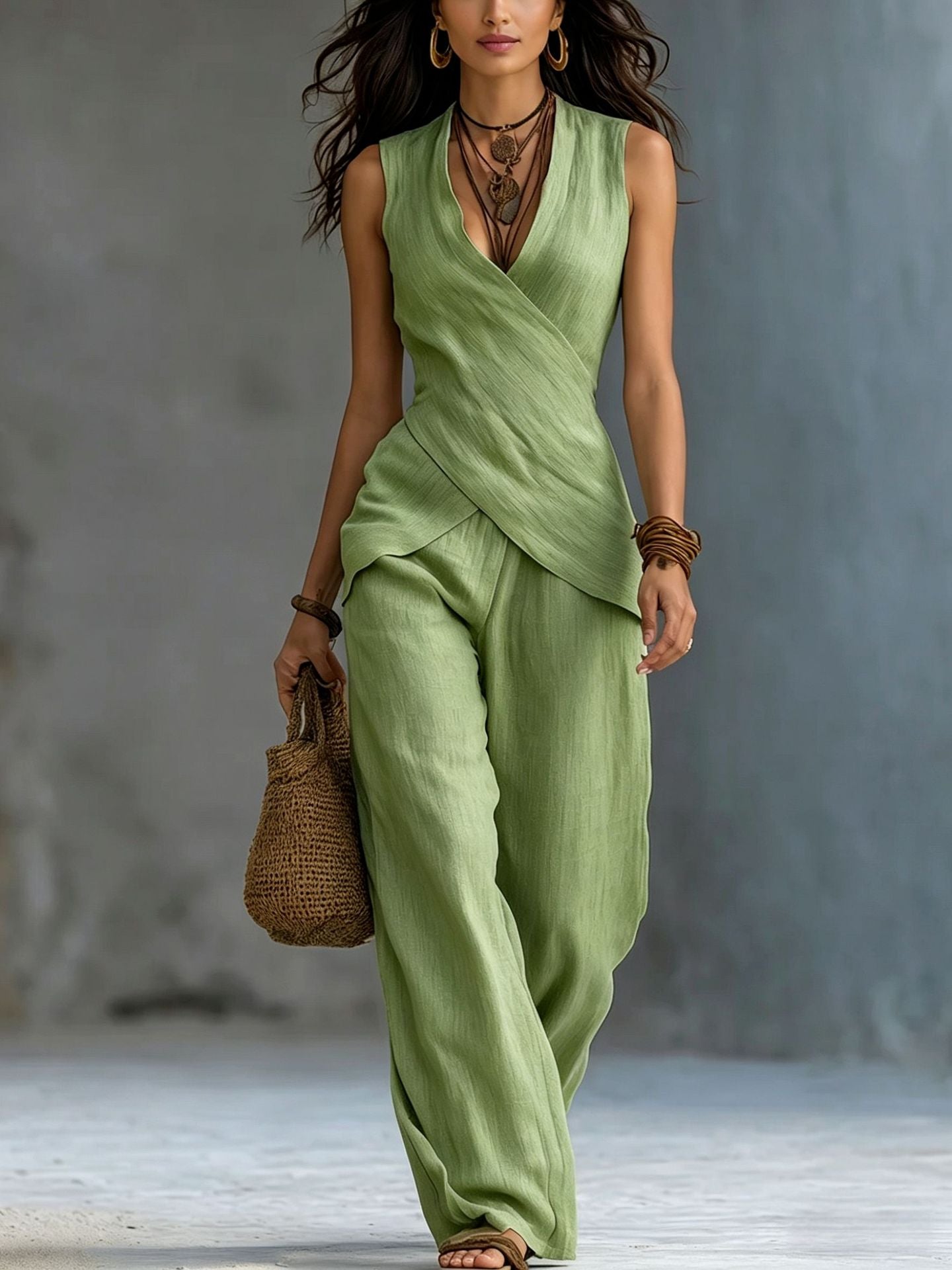 Women's Cross-design Top And Wide-leg Pants Cotton-linen Set