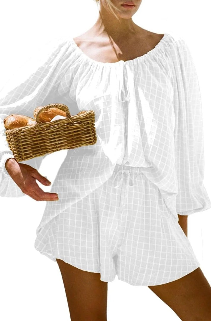 💝💝Women Plaid Outfit, Long Sleeve Tie-up Crew Neck T-shirt with Elastic Waist Shorts Summer Outfit