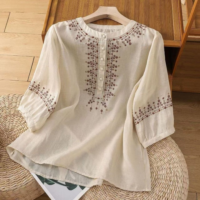 💝💝Embroidered, Artsy-retro Style, Pullover, 3/4-sleeve, Loose-fit Cotton-linen Shirt (lightweight)