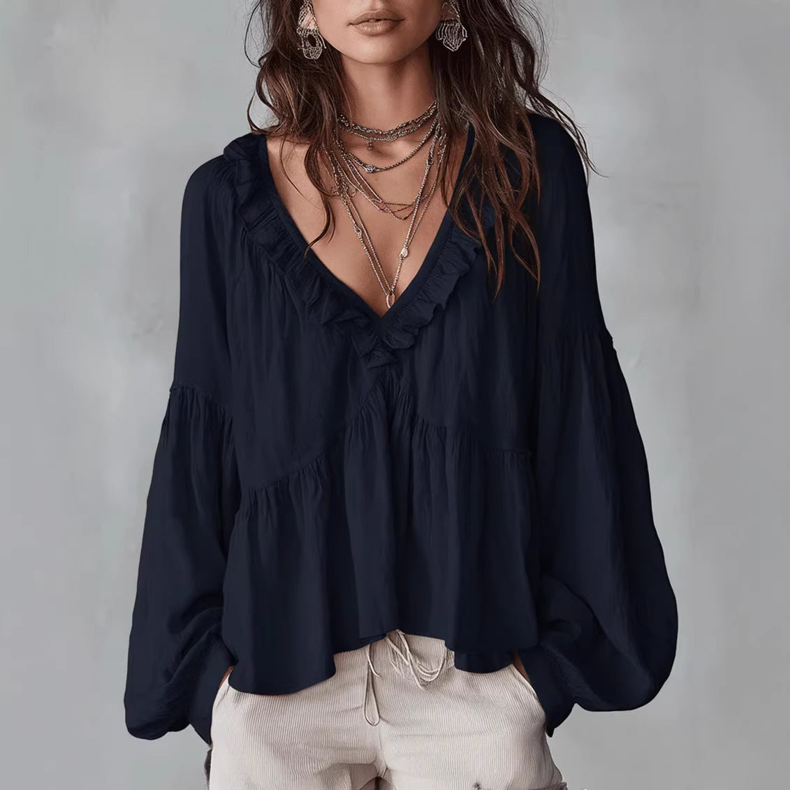 💝💝Women's Solid Color Retro Ruffled Casual Cotton Linen Shirt