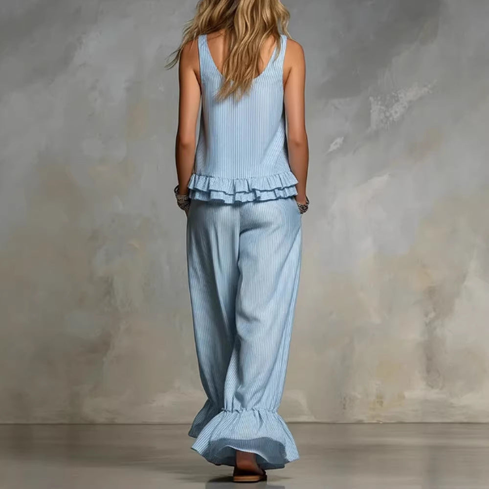 Women's Striped Ruffled Art Casual Top And Pants Stylish Cotton Suits