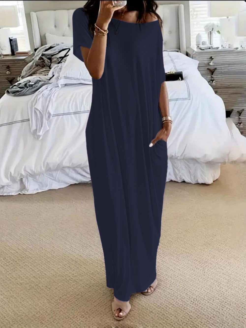 💝💝Women's Solid Color Batwing Sleeve Lounge Dress, Casual Comfy Short Sleeve Nightdress for Daily Wear, Ladies Sleepwear for All Seasons