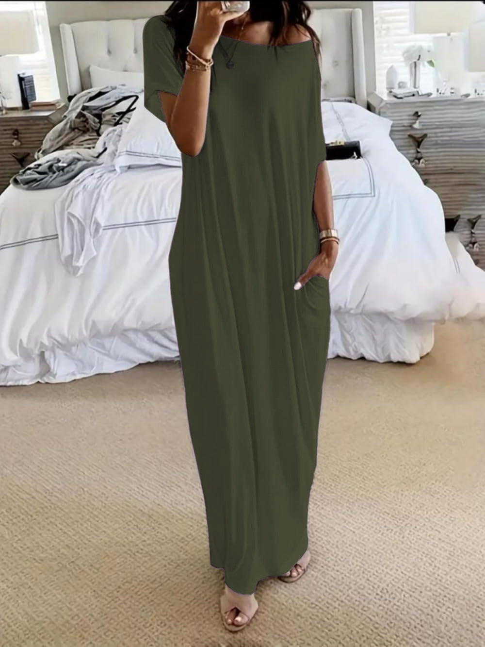 💝💝Women's Solid Color Batwing Sleeve Lounge Dress, Casual Comfy Short Sleeve Nightdress for Daily Wear, Ladies Sleepwear for All Seasons