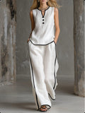🌷🌷Contrast Trim Sleeveless Top & Wide-Leg Pants Two-Piece Set