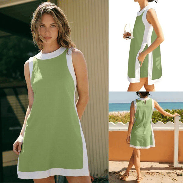 💝💝Yeokou Women's 2 Piece Outfits Sets Casual Color Block Crewneck Short Sleeveless Pullover Tops Matching Shorts with Pockets Womenswear Lightweight, Women's Clothes, 2 Piece Sets