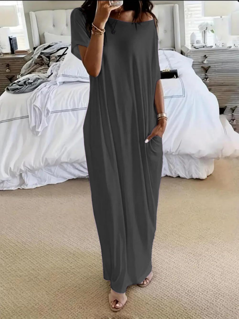 💝💝Women's Solid Color Batwing Sleeve Lounge Dress, Casual Comfy Short Sleeve Nightdress for Daily Wear, Ladies Sleepwear for All Seasons