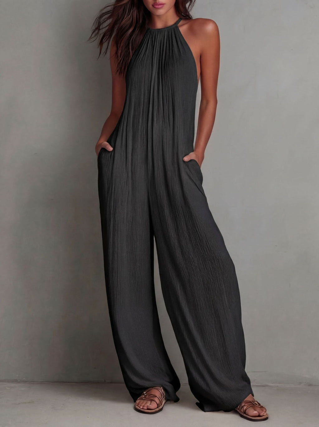 Minimalist Halter-neck Loose Cotton-linen Jumpsuit