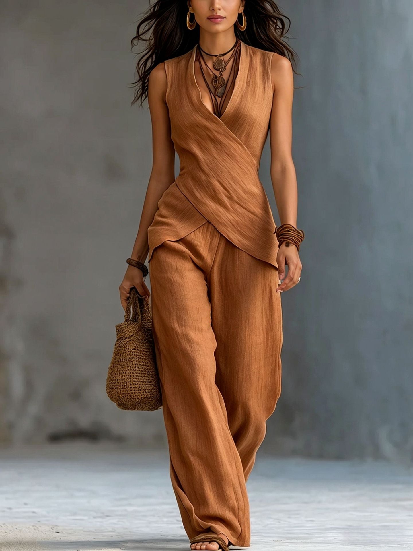 Women's Cross-design Top And Wide-leg Pants Cotton-linen Set