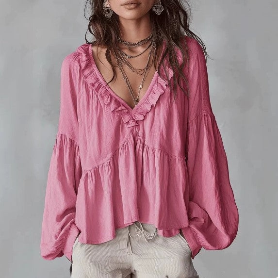 💝💝Women's Solid Color Retro Ruffled Casual Cotton Linen Shirt