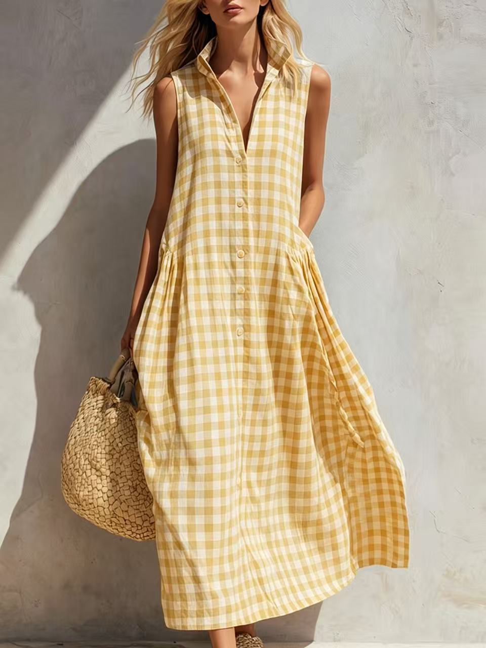 Women's Plaid-print V-neck Sleeveless Casual Loose Cotton-linen Dress