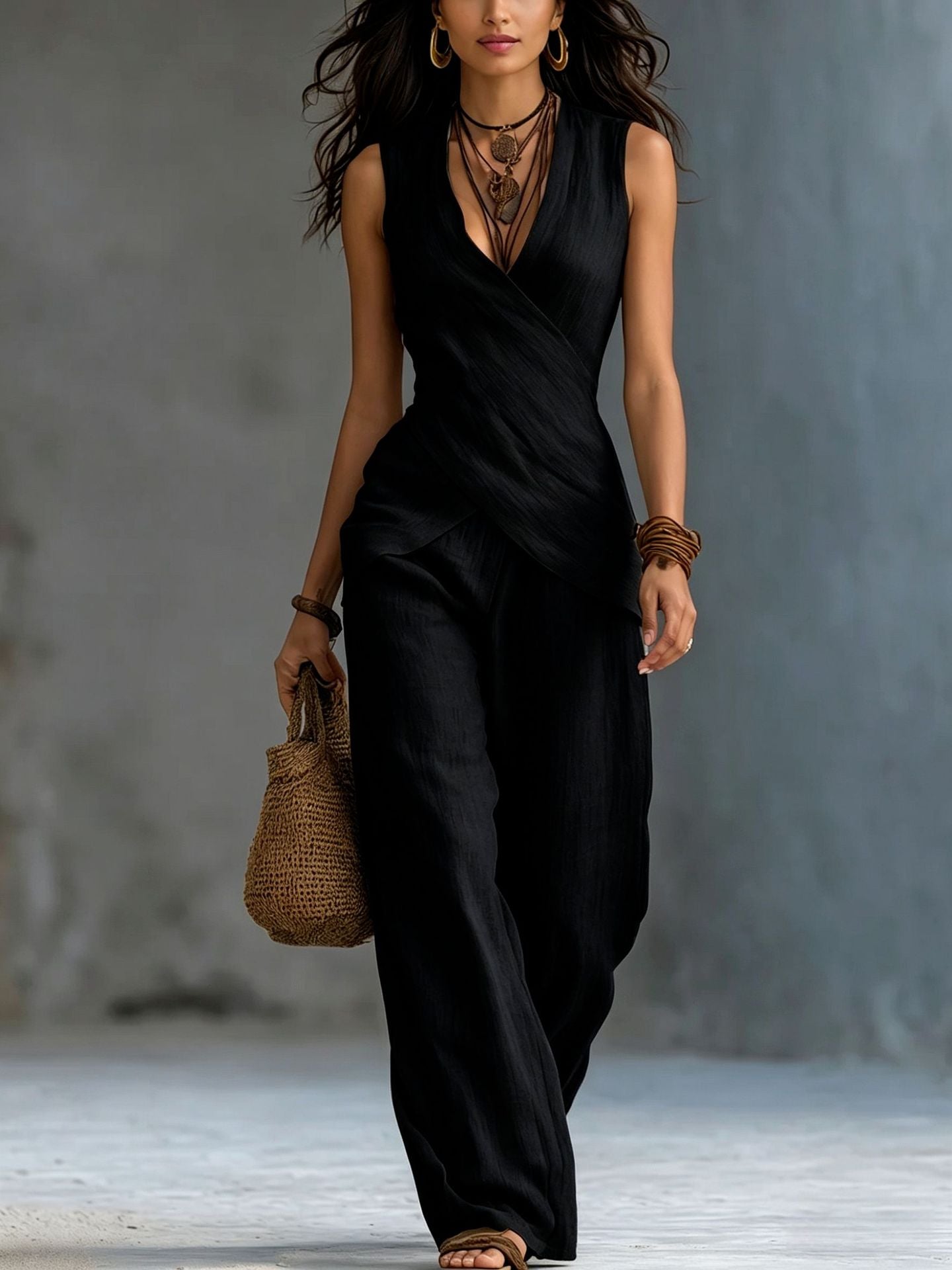 Women's Cross-design Top And Wide-leg Pants Cotton-linen Set