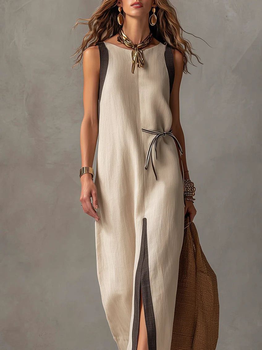 Women's Round-neck Sleeveless Tie-waist Cotton-linen Dress