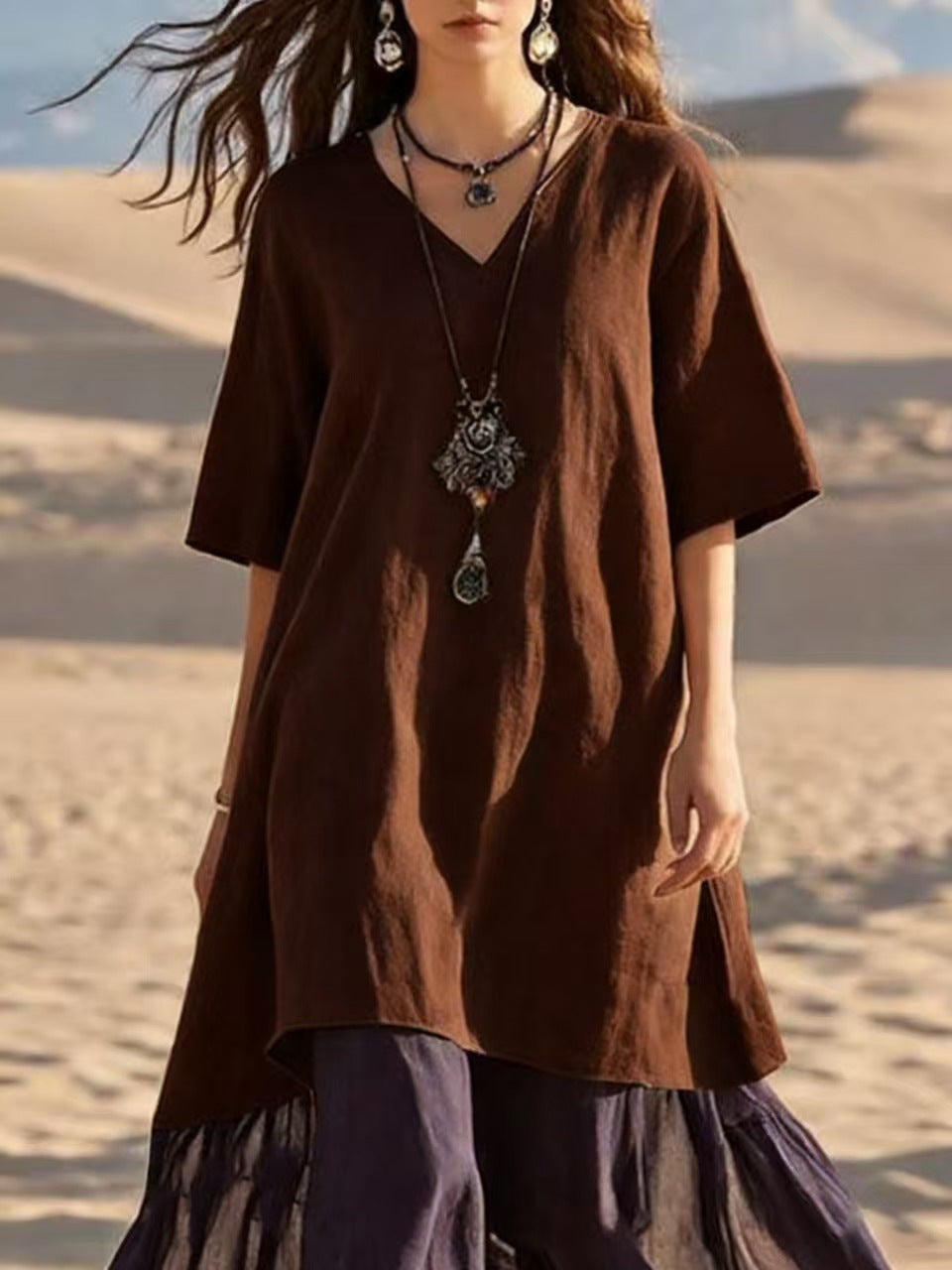 Women's Casual V-neck Three-quarter Sleeve Color-blocked Dress