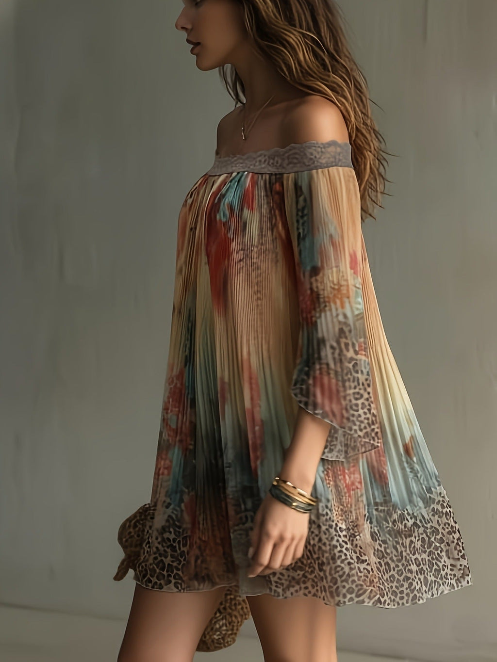 💝💝Women's Off-shoulder Vacation-style Short Thin Leopard Print Dress