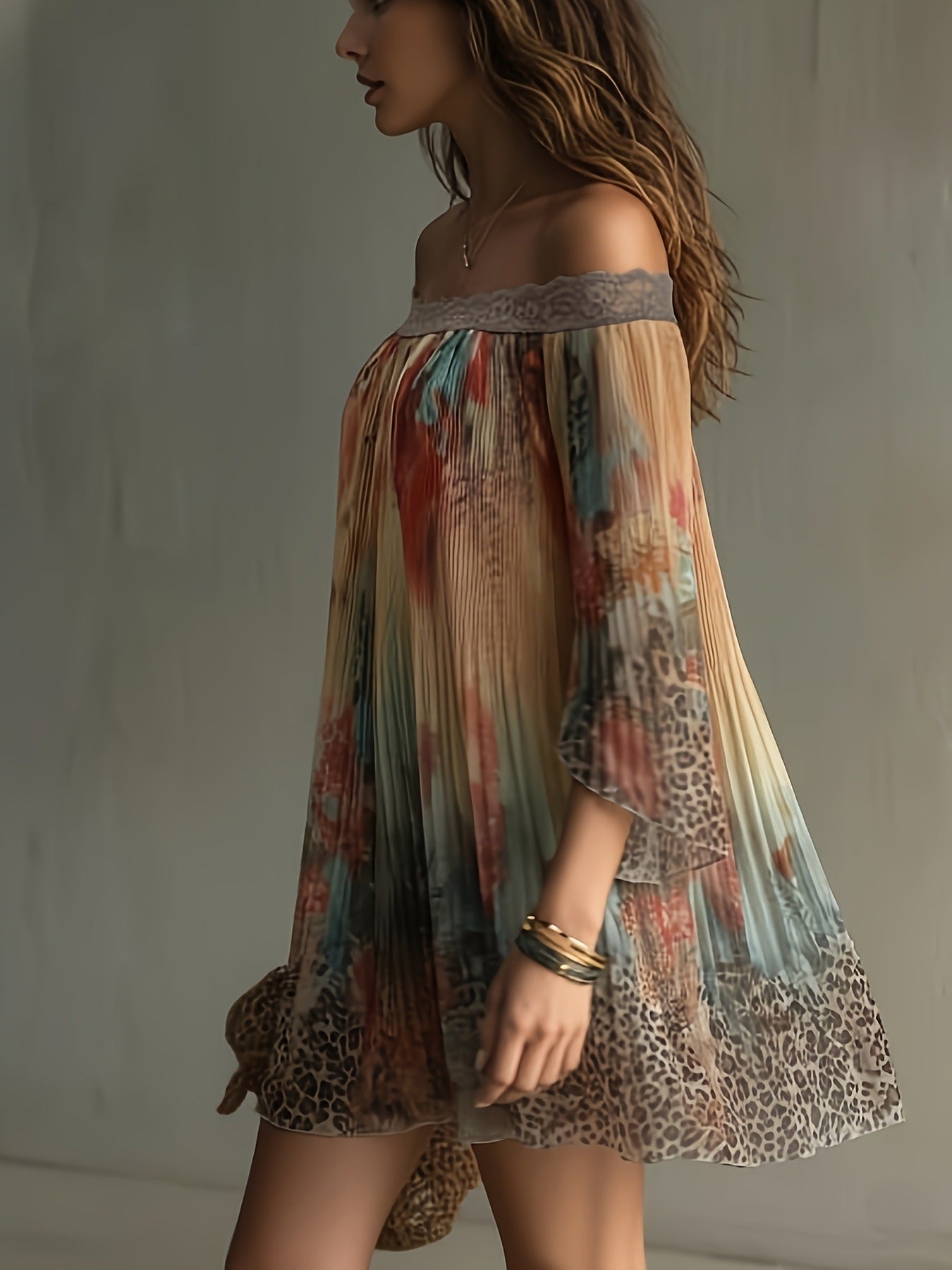 💝💝Women's Off-shoulder Vacation-style Short Thin Leopard Print Dress