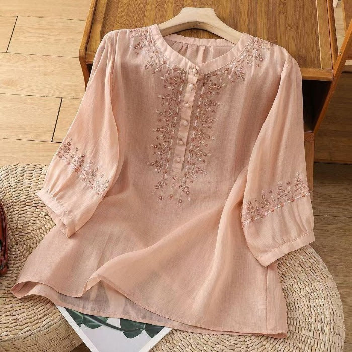 💝💝Embroidered, Artsy-retro Style, Pullover, 3/4-sleeve, Loose-fit Cotton-linen Shirt (lightweight)