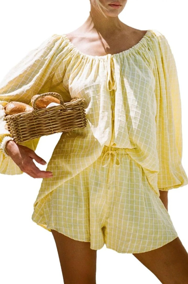 💝💝Women Plaid Outfit, Long Sleeve Tie-up Crew Neck T-shirt with Elastic Waist Shorts Summer Outfit