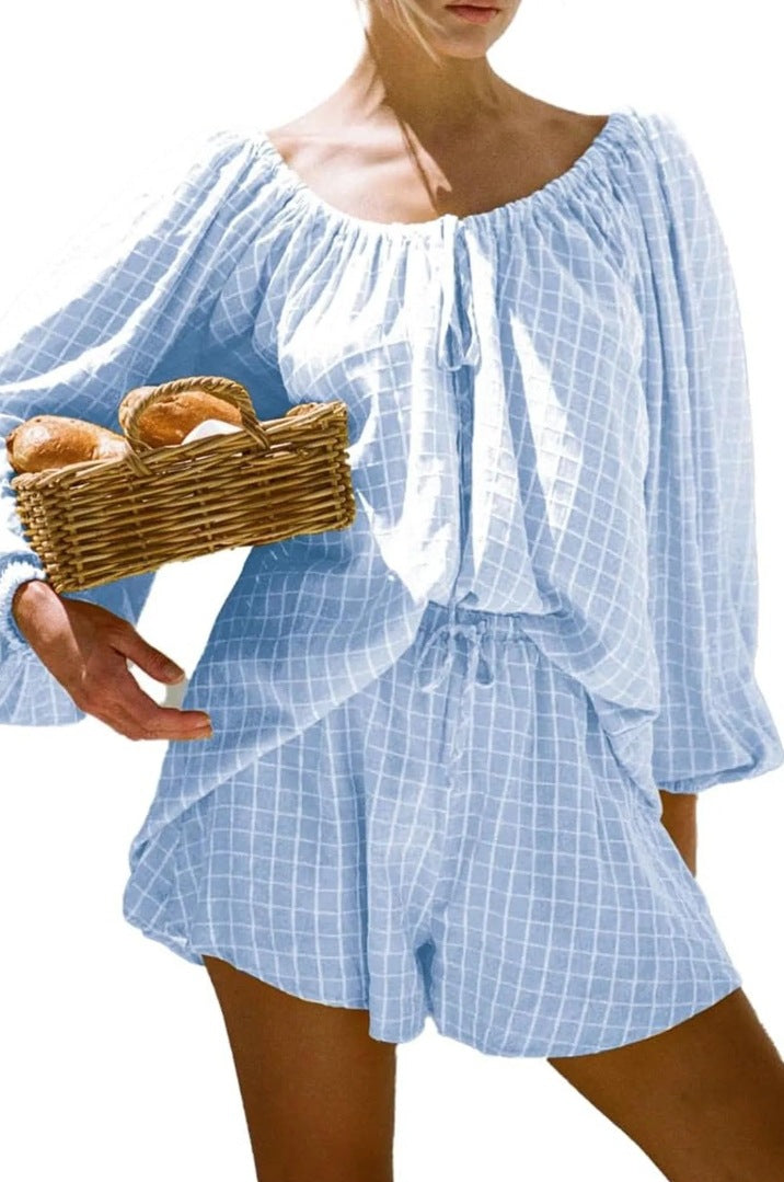 💝💝Women Plaid Outfit, Long Sleeve Tie-up Crew Neck T-shirt with Elastic Waist Shorts Summer Outfit