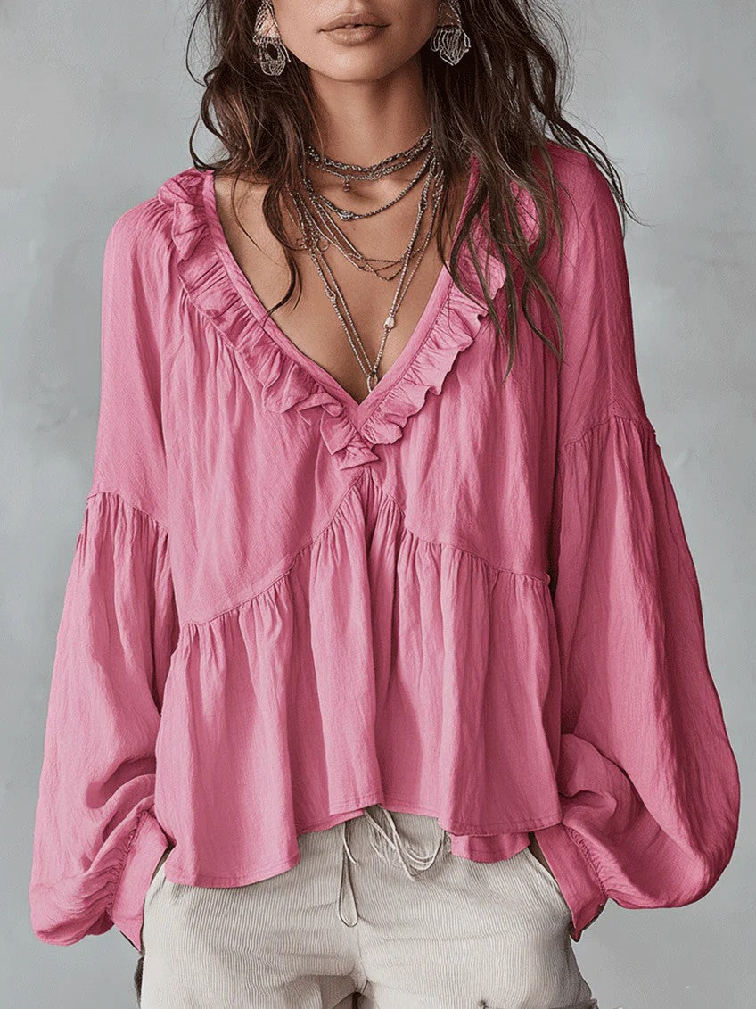✨✨Women's Solid Color Retro Ruffled Casual Cotton Linen Shirt