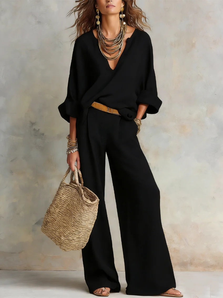 💝💝Cozy Minimalist V-neck Cotton-linen Two-piece Set