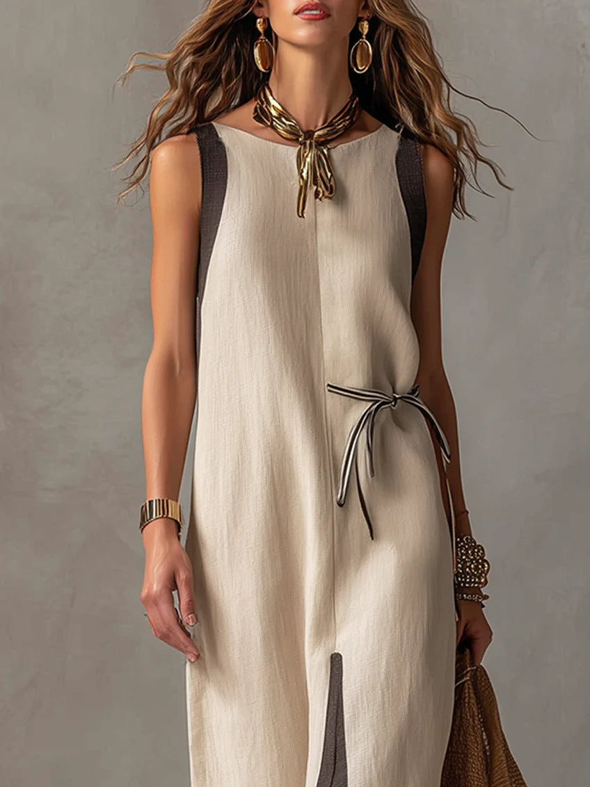 Women's Round-neck Sleeveless Tie-waist Cotton-linen Dress