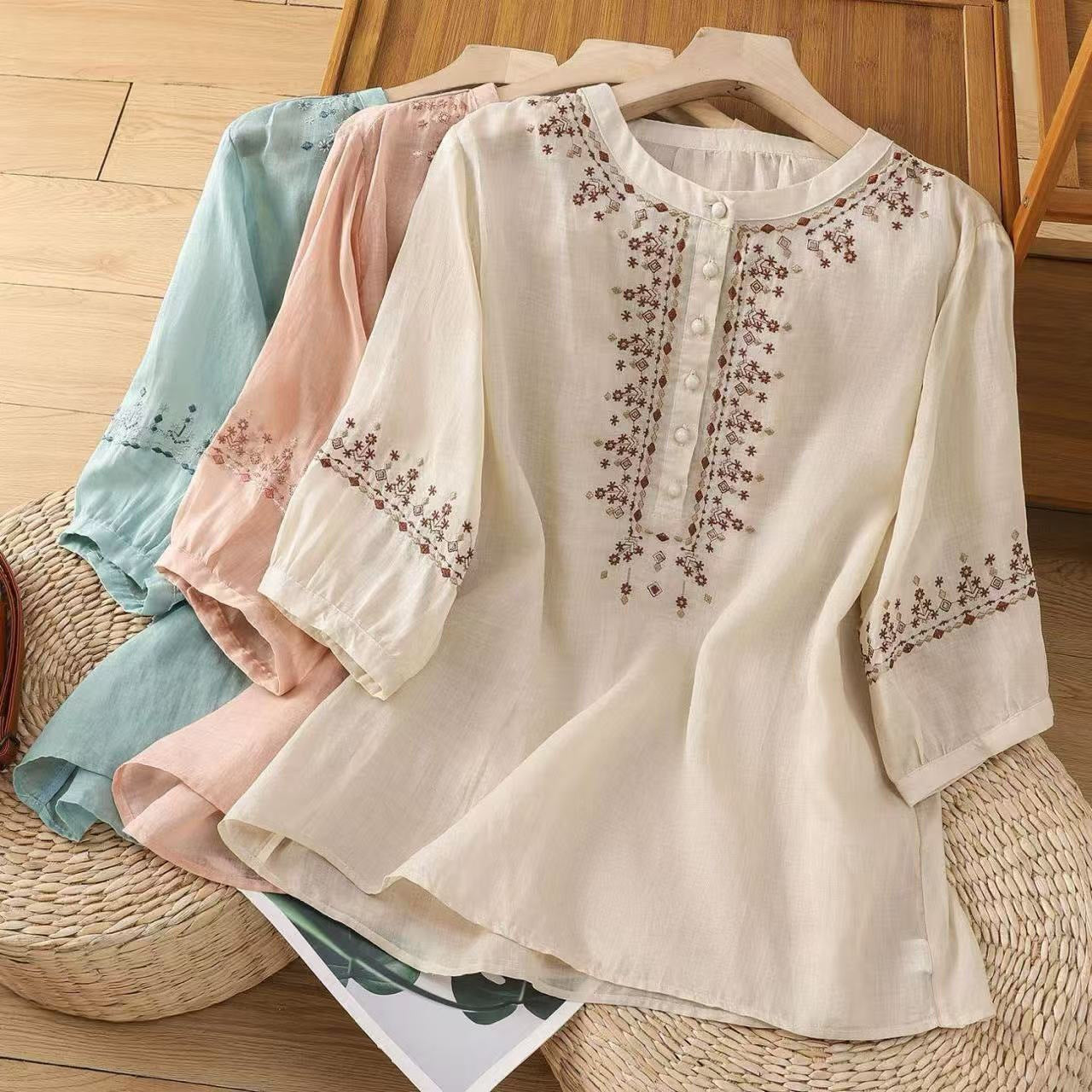 💝💝Embroidered, Artsy-retro Style, Pullover, 3/4-sleeve, Loose-fit Cotton-linen Shirt (lightweight)