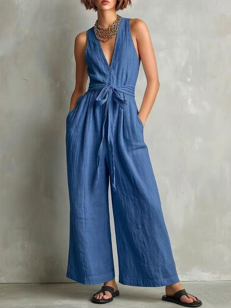 ☀️ Cotton Linen Jumpsuit | V-Neck Sleeveless Wide-Leg Fit