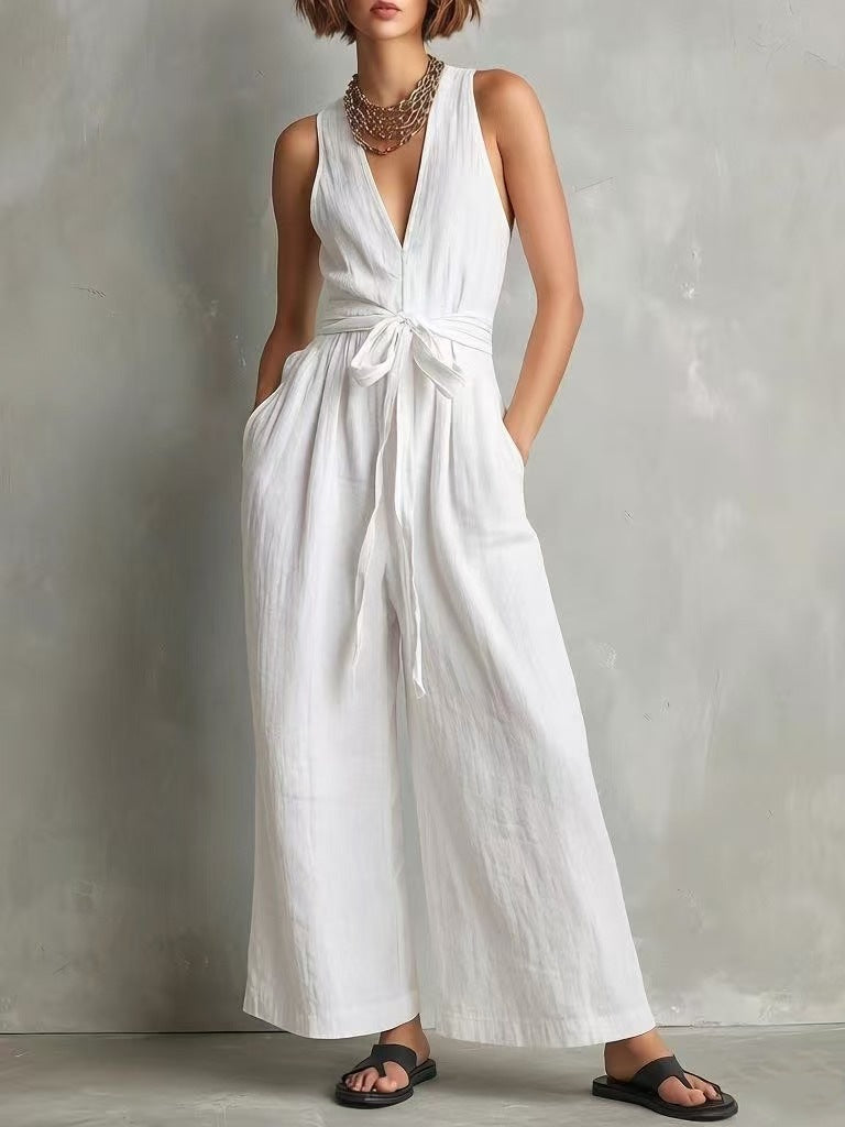 ☀️ Cotton Linen Jumpsuit | V-Neck Sleeveless Wide-Leg Fit