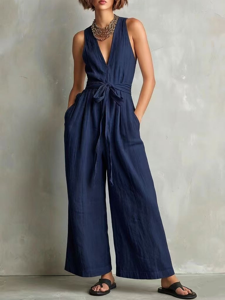 ☀️ Cotton Linen Jumpsuit | V-Neck Sleeveless Wide-Leg Fit