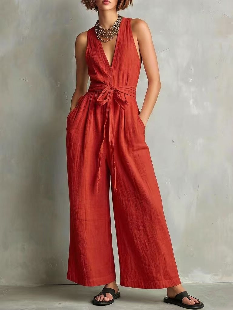 ☀️ Cotton Linen Jumpsuit | V-Neck Sleeveless Wide-Leg Fit