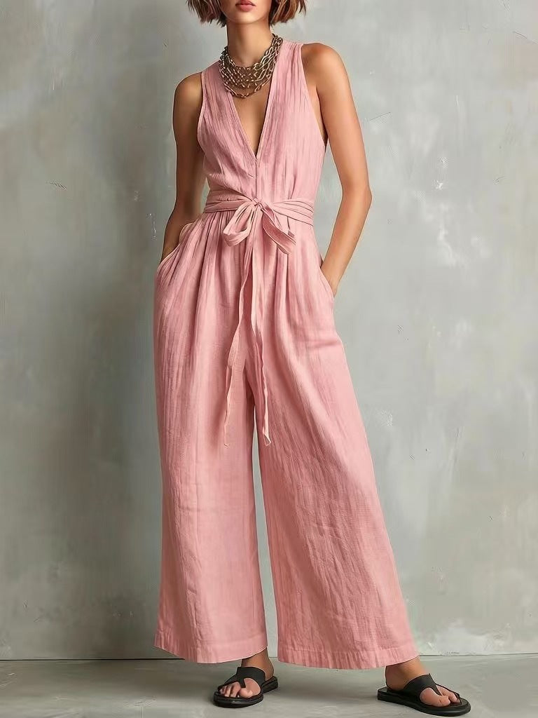 ☀️ Cotton Linen Jumpsuit | V-Neck Sleeveless Wide-Leg Fit