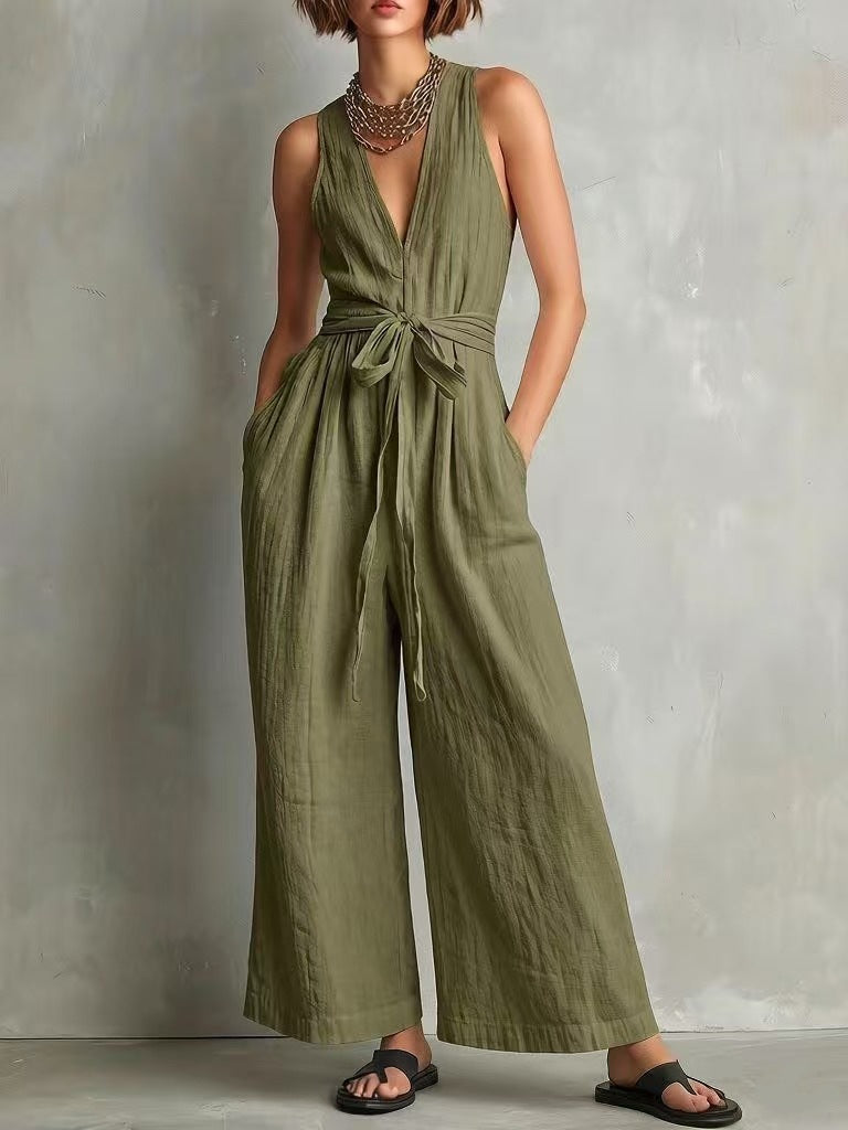 ☀️ Cotton Linen Jumpsuit | V-Neck Sleeveless Wide-Leg Fit