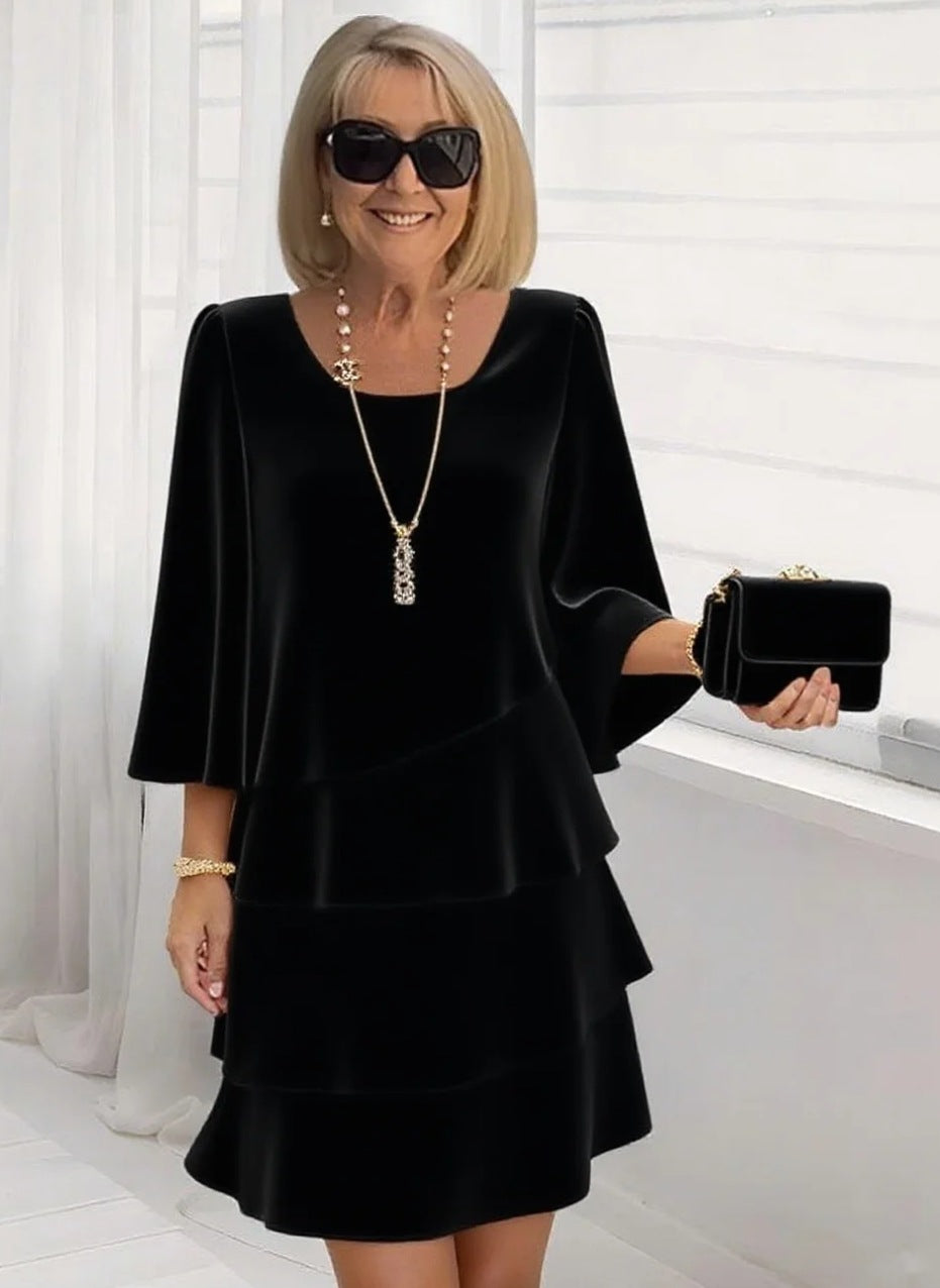 💝💝Women's Solid-color Round-neck 3/4-sleeve Casual Loose Chiffon Dress