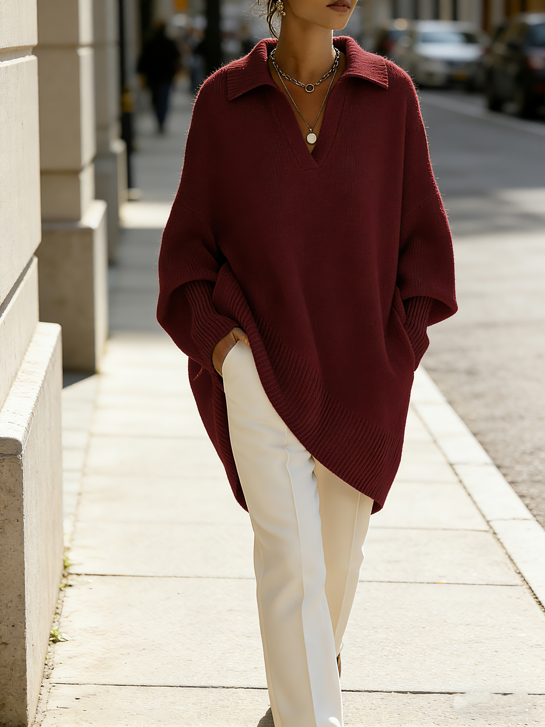 ✨✨Women's Solid Color V-neck Long-sleeved Casual Loose-fitting Knitted Pullover Sweater