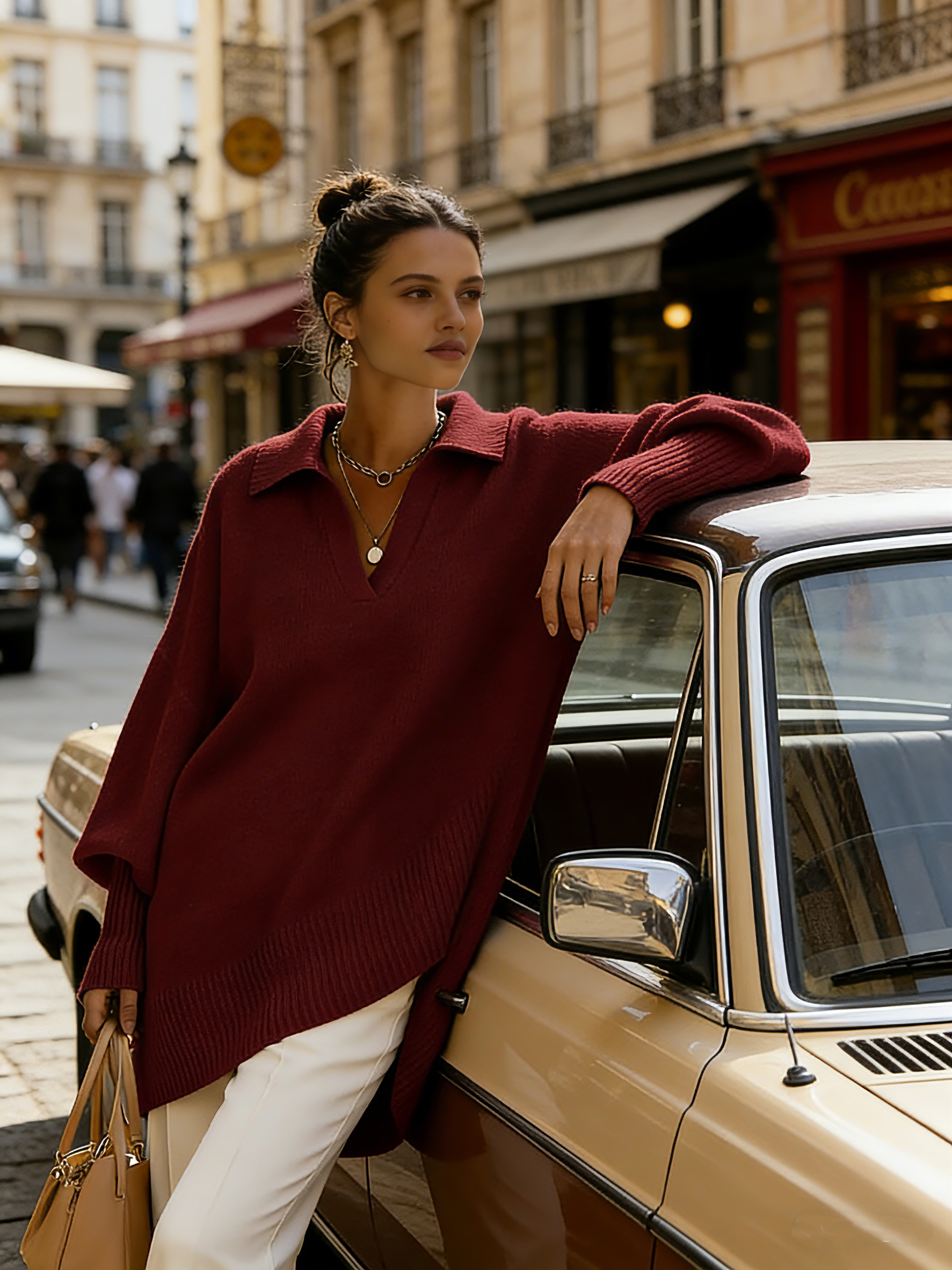 ✨✨Women's Solid Color V-neck Long-sleeved Casual Loose-fitting Knitted Pullover Sweater