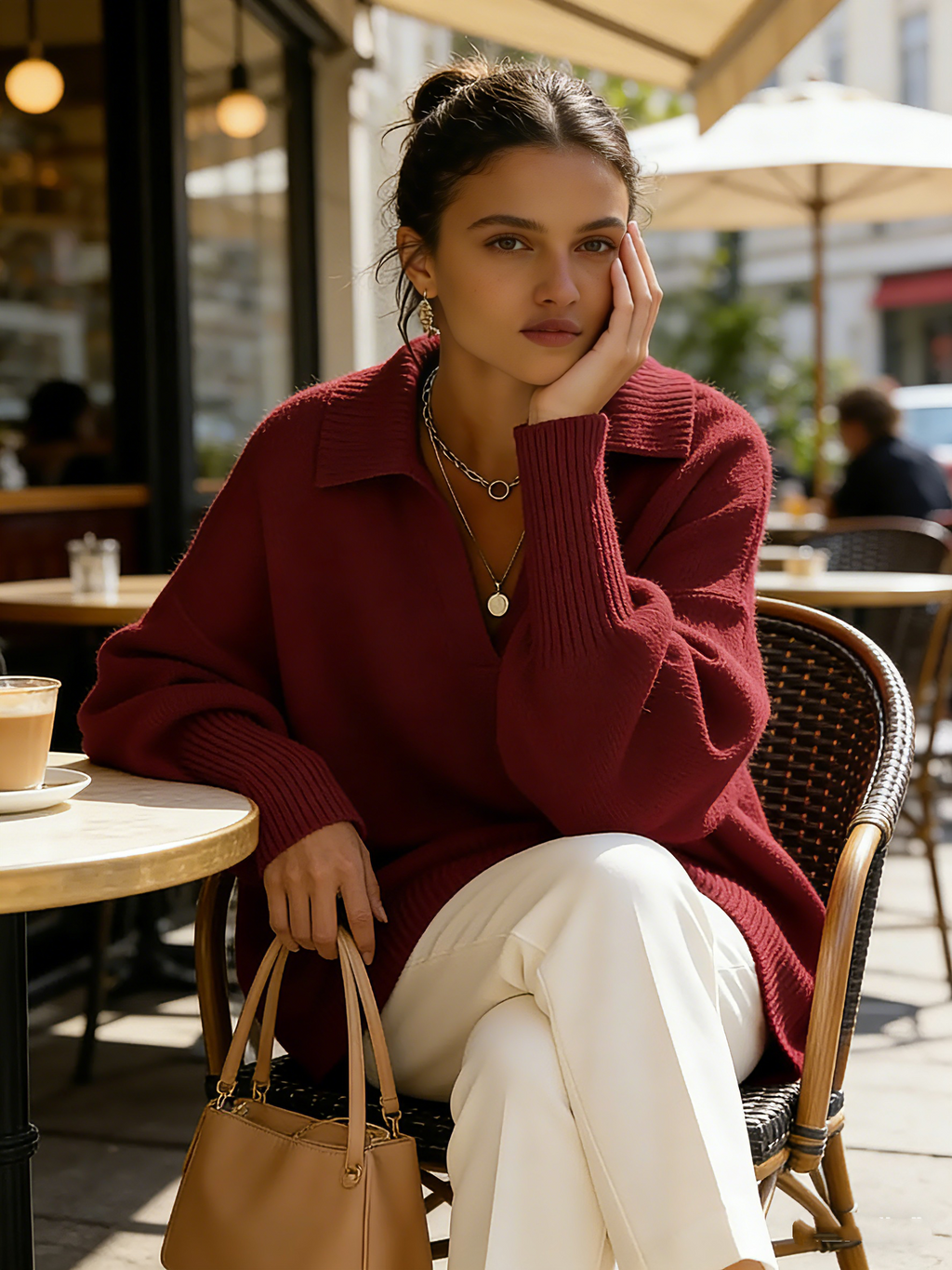 ✨✨Women's Solid Color V-neck Long-sleeved Casual Loose-fitting Knitted Pullover Sweater
